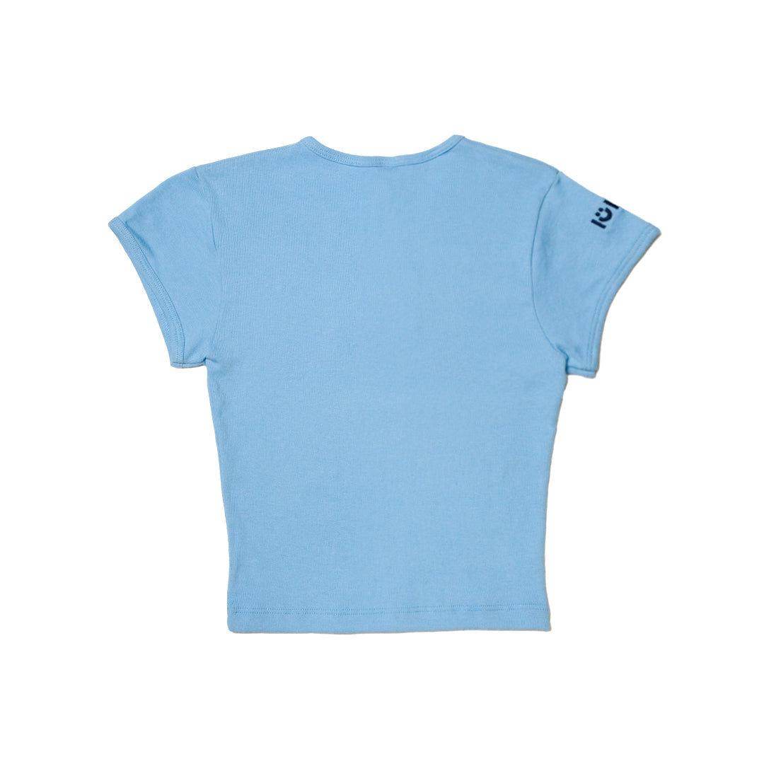 LULU® | HELLO HELLO EMBROIDERED BABY RIB CROP TOP (BLUE)